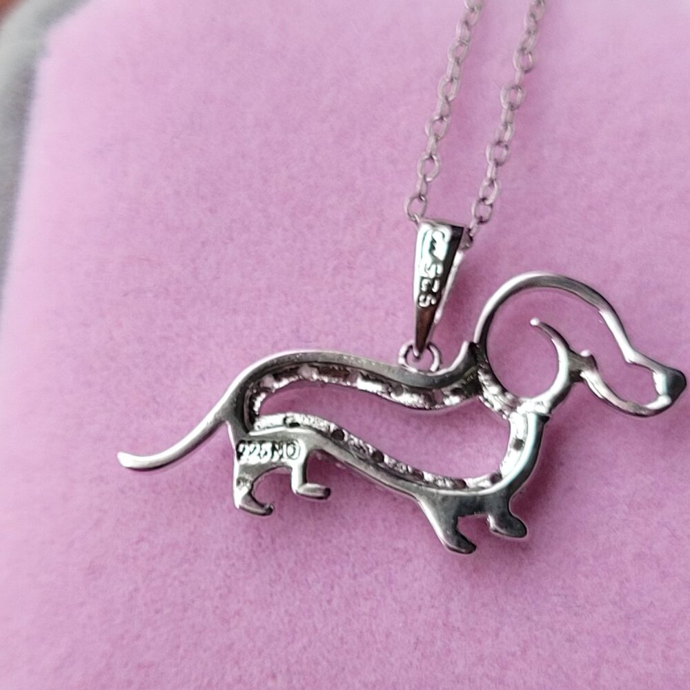 Dog Diamond Sterling Pendant Necklace Dachshund Weenie Doxie Dog Lover - Picture 16 of 16